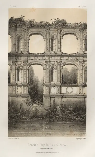 Zřícená galerie zámku, podle staré kresby, Victor Petit