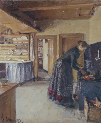 Kitchen, with the artist’s Wife av Viggo Johansen