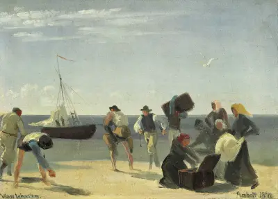 Rejsende fra Anholt på vej fra stranden ud til et afventende sejlskib av Viggo Johansen