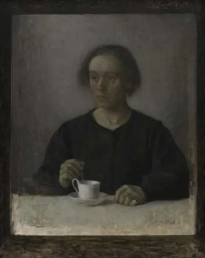 Ida Hammershøi, the Artist’s Wife, with a Teacup av Vilhelm Hammershøi