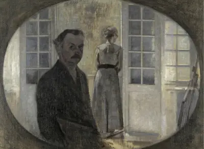 Interiør Med Kunstneren Og Hans Hustru (Double Portrait Of The Artist And His Wife, Seen Through A Mirror) av Vilhelm Hammershøi