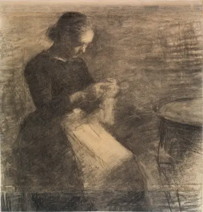 Portrait of Ida Hammershøi with Needlework av Vilhelm Hammershøi