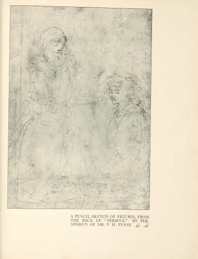 Blyertsskiss av figurer. Från baksidan av 'Perseus' av Aubrey Vincent Beardsley