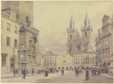 Blick auf die Teynkirche und die Mariensäule am Altstädter Ring zu Prag av Rudolf von Alt
