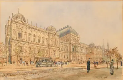 The University of Vienna on the Ringstrasse, with Horse-Drawn Tram and Figures, a view of the building still under construction in 1878 (erected by Heinrich von Ferstel 1873-1884) av Rudolf von Alt