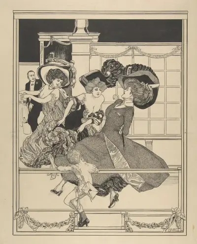 Three Dancing Women in a Restaurant Watched by Cupid av Franz von Bayros