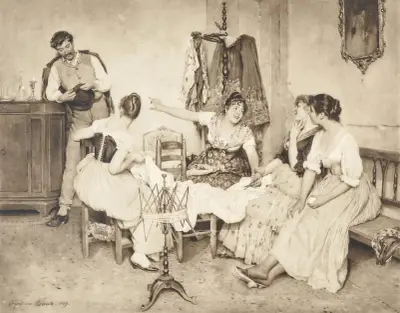 Venetianska flickor med gondoljär av Eugen von Blaas