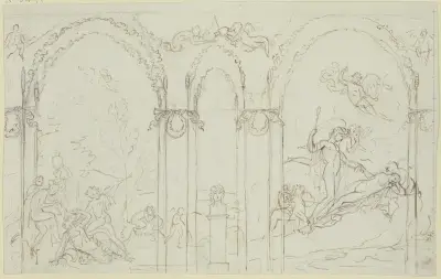 Amor überwindet einen Satyr; Bacchus und Ariadne av Peter von Cornelius