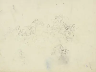 Götterversammlung, die Figur eines Apoll mit Lyra und Bacchusknaben unten zweimal wiederholt av Peter von Cornelius
