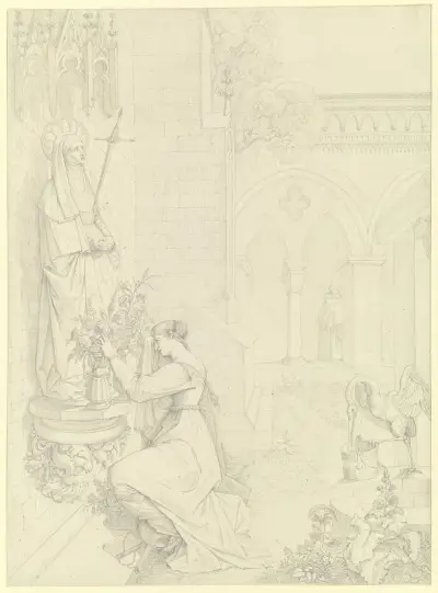 Gretchen i klostergården knäböjande inför Mater Dolorosa av Peter von Cornelius