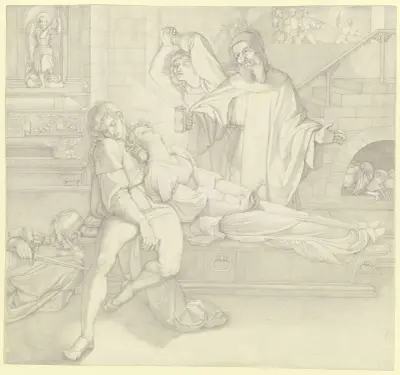 Romeo och Julia döda i gravvalvet av Peter von Cornelius