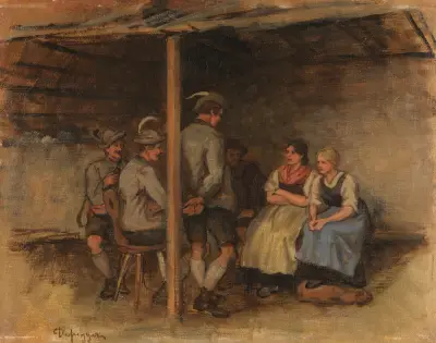 Ölstudie mit vier Burschen und zwei Dirndln in der Stube av Franz von Defregger