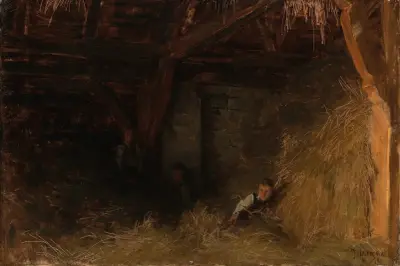 Three Boys in the Straw (In the Hay Barn) av Franz von Defregger