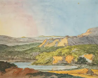 Südliche Landschaft am Meer mit bewaldeten Hügeln und einem Gewässer im Vordergrund av Johann Wolfgang Von Goethe