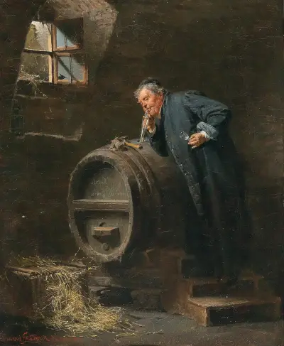 A monk in a wine cellar with a wine siphon av Eduard von Grützner