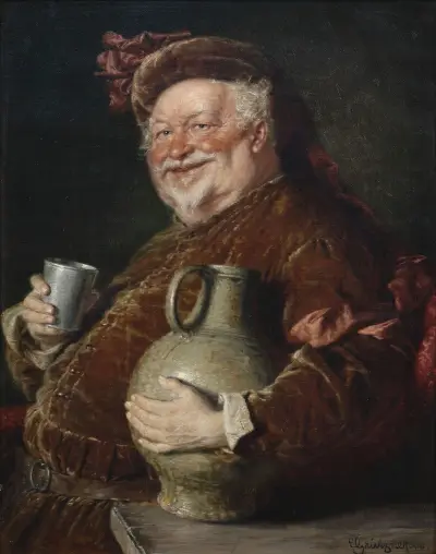 Falstaff vid bordet med vinkanna och tenntorn av Eduard von Grützner