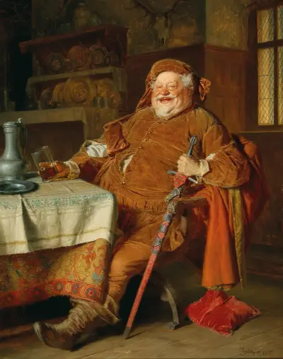 Falstaff med svärd, vinkanna och glas av Eduard von Grützner