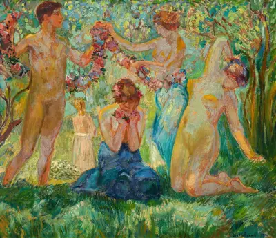 Dansande med blomsterkrans av Ludwig von Hofmann