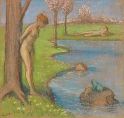 Frühlingslandschaft mit Paar am Froschteich av Ludwig von Hofmann