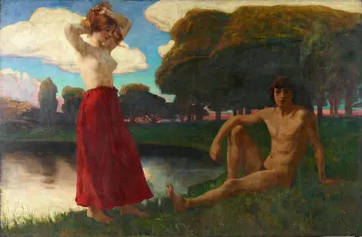 Idyll (Manlig och kvinnlig halvakt i landskap) av Ludwig von Hofmann