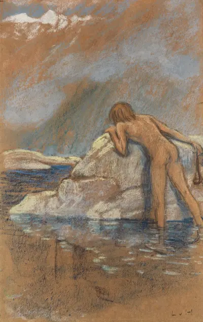 Pojkakt med slunga jagande murmeldjur av Ludwig von Hofmann