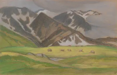 Schweizer Alpenlandschaft mit weidenden Kühen av Ludwig von Hofmann