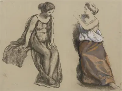 Studienblatt; Zwei Frauen, sitzend, in unterschiedlicher Bekleidung av Ludwig von Hofmann