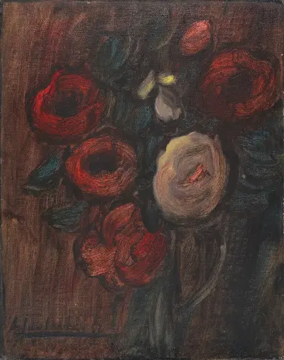 Grosses Stillleben; Grüner Krug mit Pfingstrosen (Dunkles Rosenbouquet) av Alexej von Jawlensky