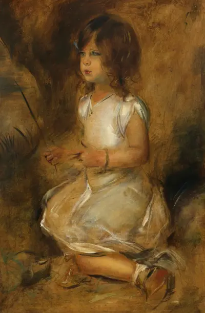 Gabriele Lenbach im Grase knieend av Franz von Lenbach