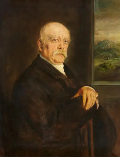 Otto von Bismarck i halvfigur mot landskapsutsnitt av Franz von Lenbach