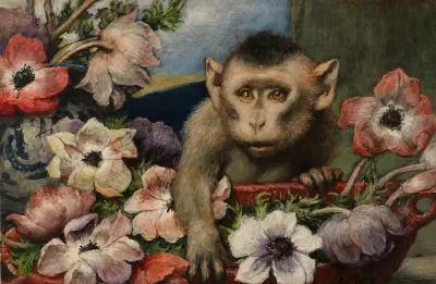 Geburtstagsblumen (Affe mit Anemonen) av Gabriel von Max
