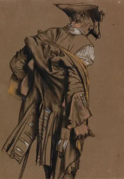 Artist’s Model, Seen in Back View, Putting on an Eighteenth-Century Uniform av Adolph von Menzel