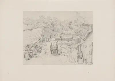 Bauernhof am Fuß eines Hügels (um 1847) av Adolph von Menzel