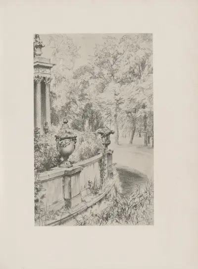 Brüstung mit Vasen im Park von Sanssouci (um 1845), Adolph von Menzel
