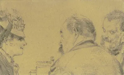 Dame mit Kapotthut im Gespräch mit zwei Herren av Adolph von Menzel