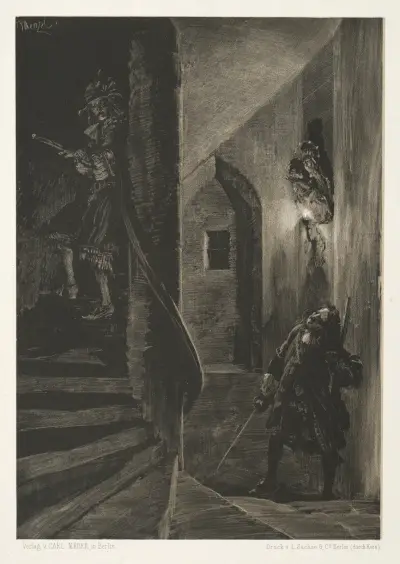 Essay on Stone with Brush and Scraper; Chase on the Winding Staircase, Adolph von Menzel
