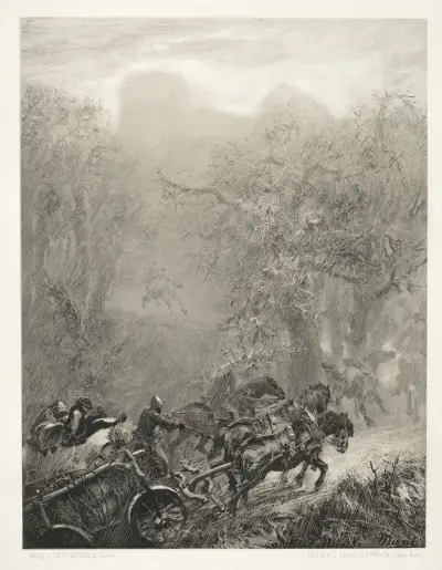 Studie na kameni štětcem a škrabkou; Transport vězňů lesem, Adolph von Menzel