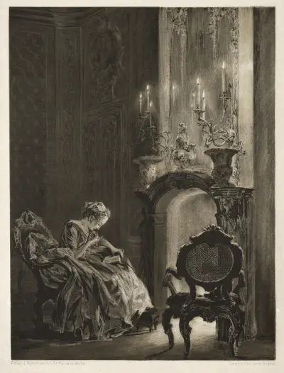 Essay on Stone with Brush and Scraper; Woman Reading at the Fireside av Adolph von Menzel