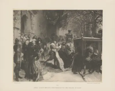 Gustav Adolph empfängt seine Gemahlin vor dem Schlosse zu Hanau av Adolph von Menzel