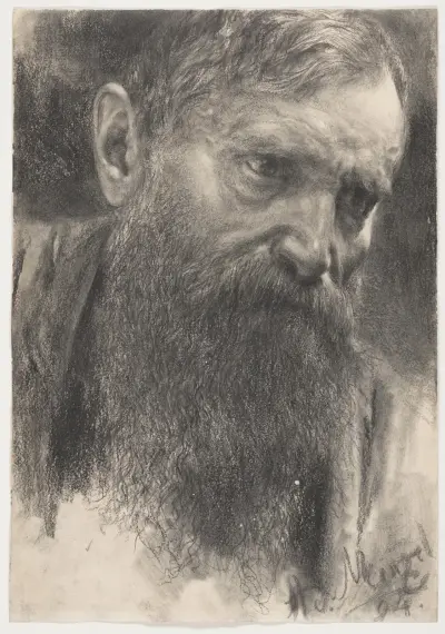 Huvud av skäggig man i halvprofil av Adolph von Menzel