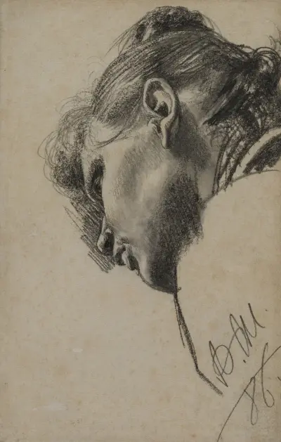 Head of a Young Woman Seen from Below av Adolph von Menzel