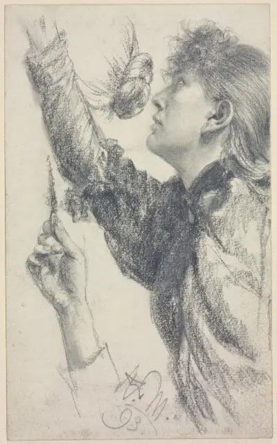 Junge Frau mit erhobenem Arm av Adolph von Menzel