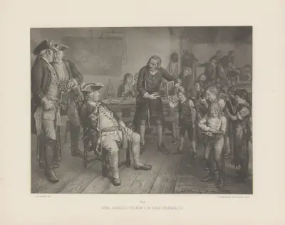 König Friedrich Wilhelm I. in einer Volksschule av Adolph von Menzel