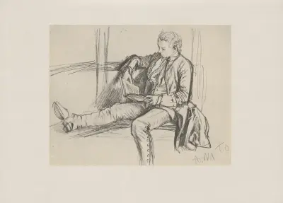 Kronprinz Friedrich lesend, Studie zur Wasserfahrt in Rheinsberg, 1860 av Adolph von Menzel