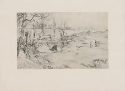 Landschaft mit Steinbrücke (aus Hessen), 1848 av Adolph von Menzel