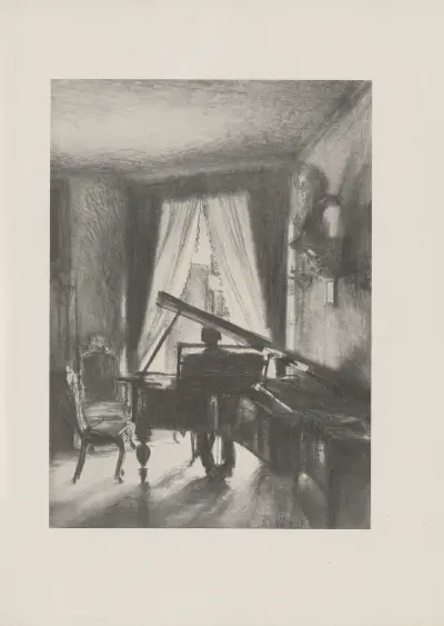 Menzels Schwager Krigar am Flügel in der Wohnung der Potsdamer Straße (um 1872) av Adolph von Menzel