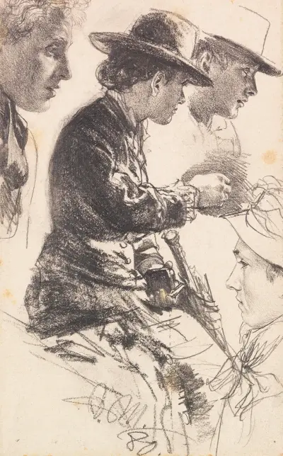 Studie av sittande dam med hatt, parasoll och börs av Adolph von Menzel