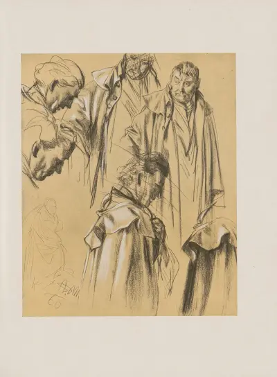 Studienblatt mit Offizieren in Mänteln, 1860 av Adolph von Menzel