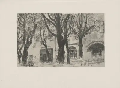 Wirtshaushof mit Bäumen (Ende der 80er Jahre) av Adolph von Menzel