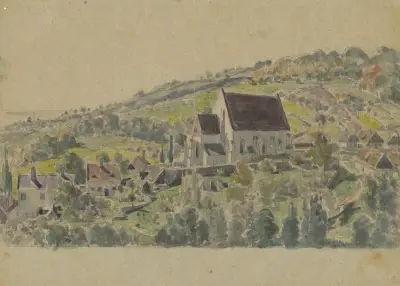 Utsikt över gotisk kyrka i Jur nära Bratislava av Friedrich Carl von Scheidlin